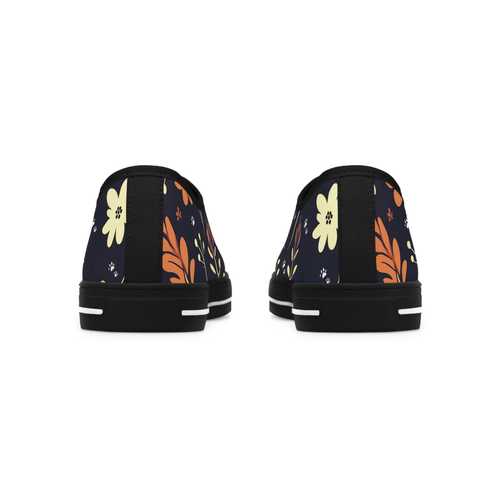 Women's Low-Top Trainers featuring Dark Blue Boho Flower & Paw Print Design - Hobbster