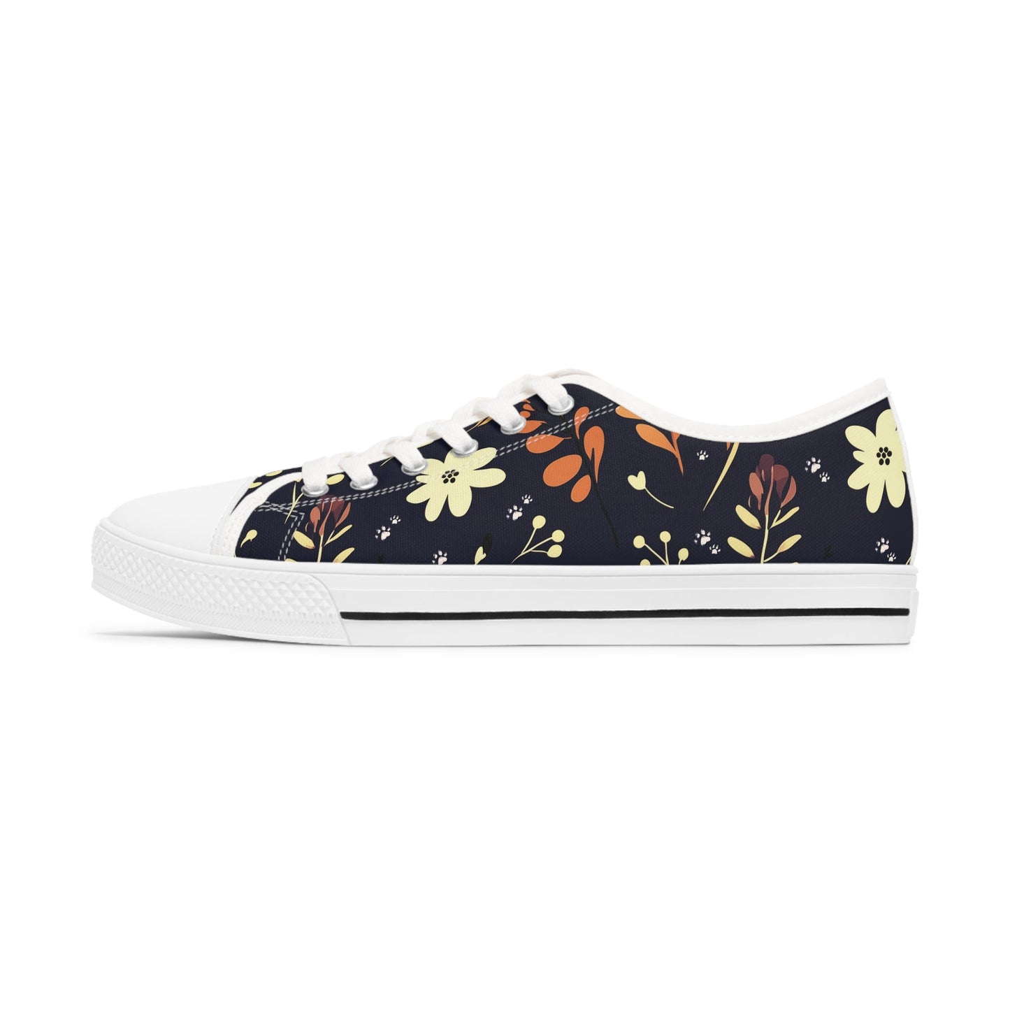 Women's Low-Top Trainers featuring Dark Blue Boho Flower & Paw Print Design - Hobbster