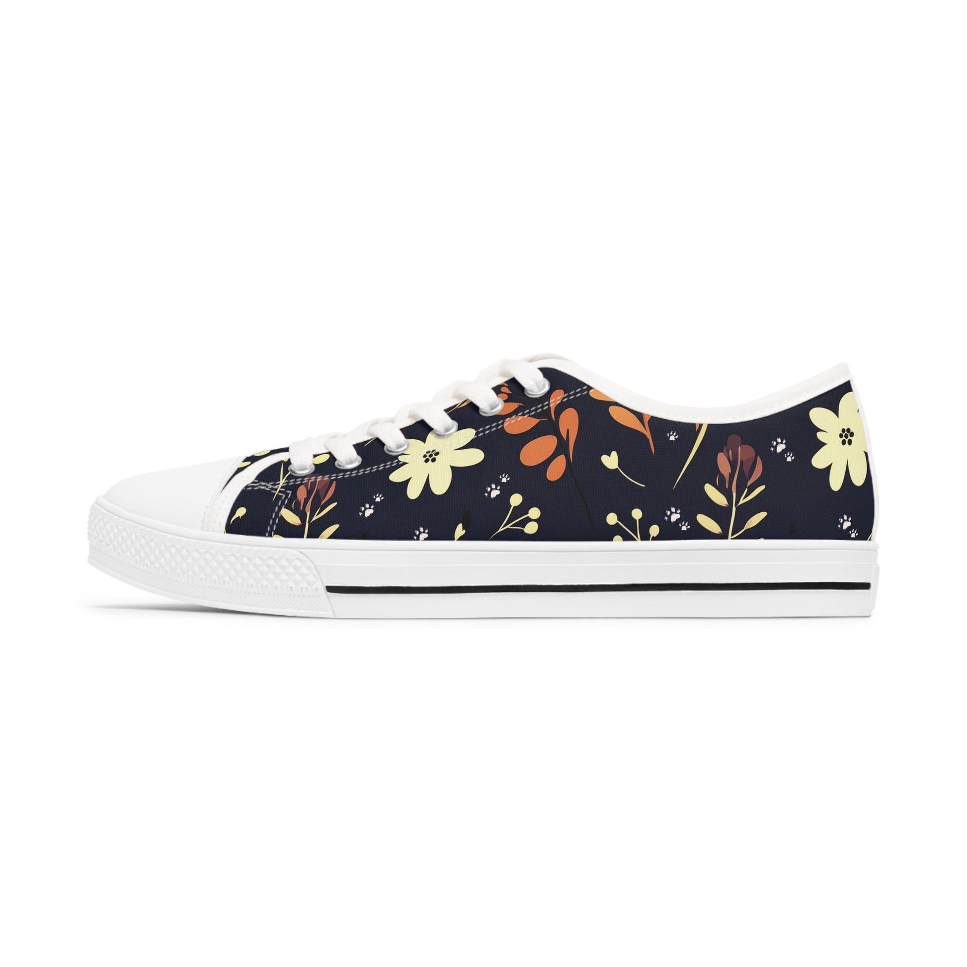 Women's Low-Top Trainers featuring Dark Blue Boho Flower & Paw Print Design - Hobbster
