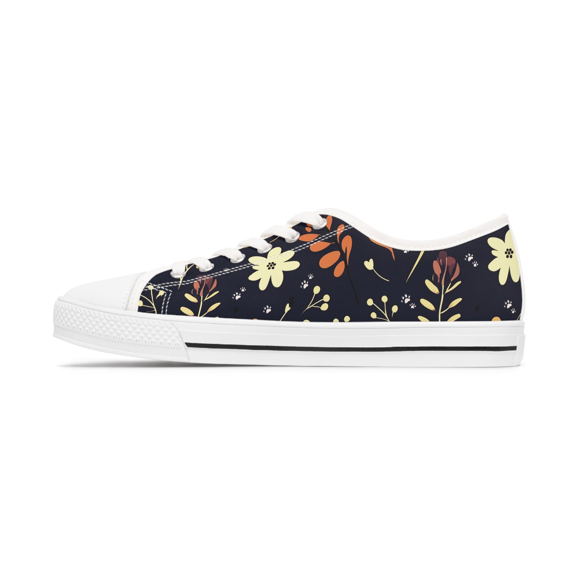 Women's Low-Top Trainers featuring Dark Blue Boho Flower & Paw Print Design - Hobbster