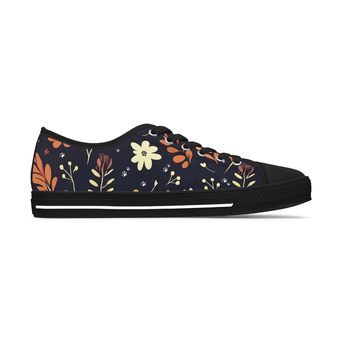 Women's Low-Top Trainers featuring Dark Blue Boho Flower & Paw Print Design - Hobbster