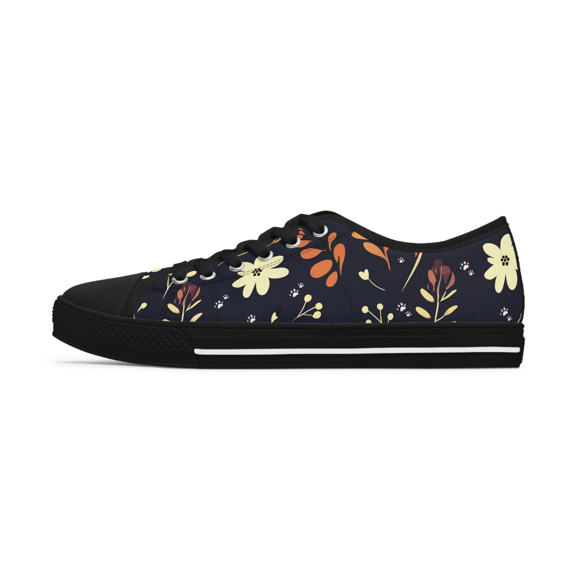 Women's Low-Top Trainers featuring Dark Blue Boho Flower & Paw Print Design - Hobbster