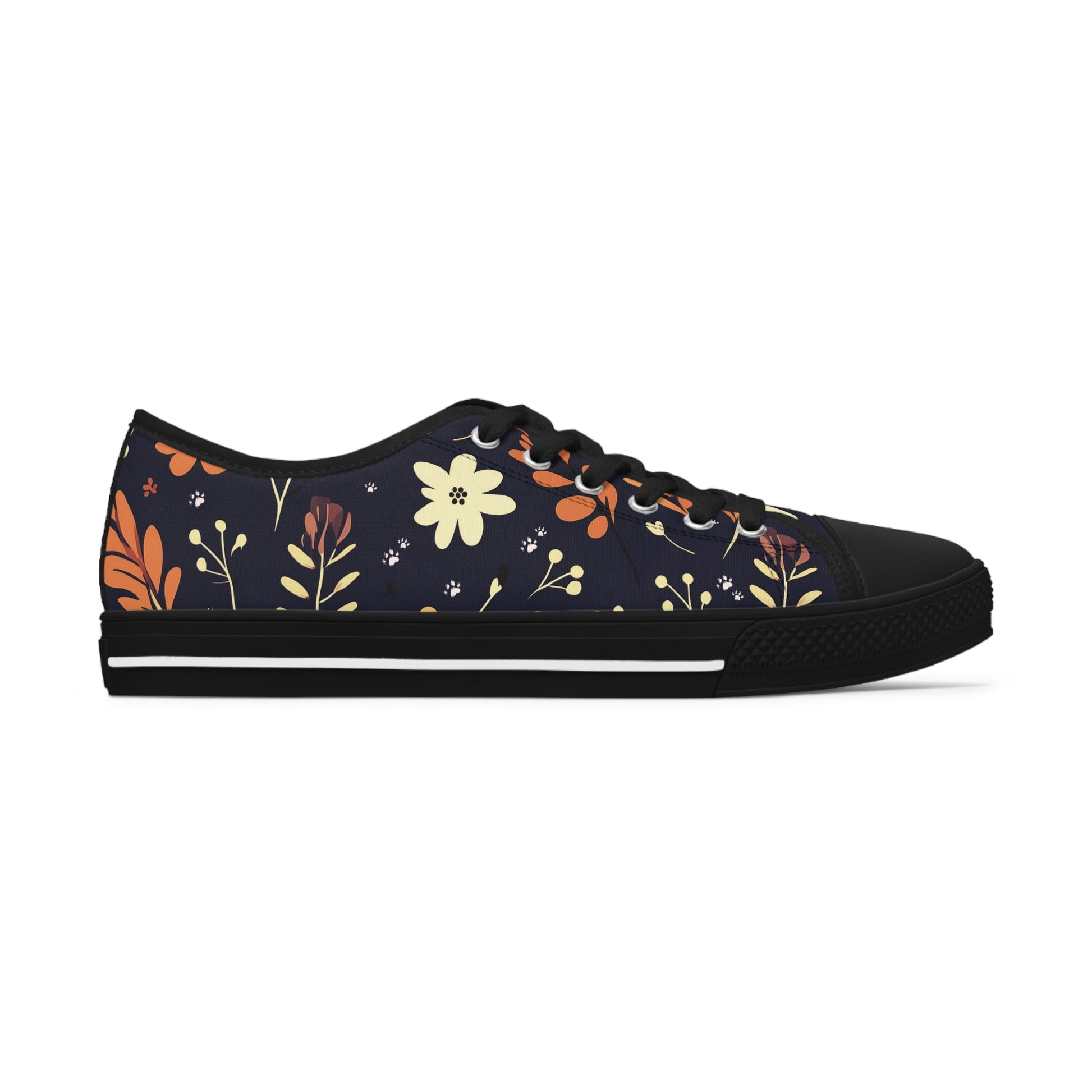 Women's Low-Top Trainers featuring Dark Blue Boho Flower & Paw Print Design - Hobbster