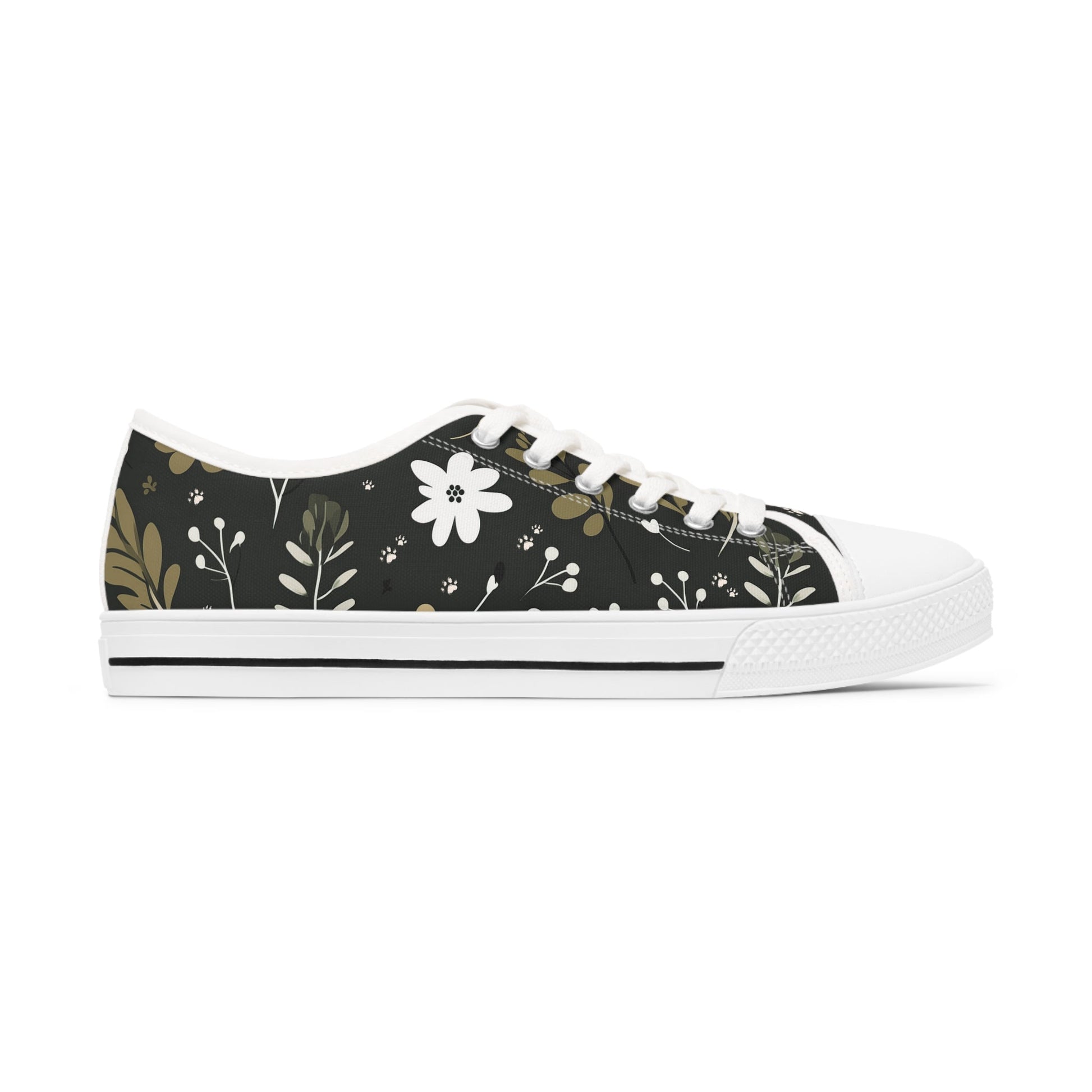 Women's Low-Top Trainers featuring Green Boho Flower & Paw Print Design - Hobbster