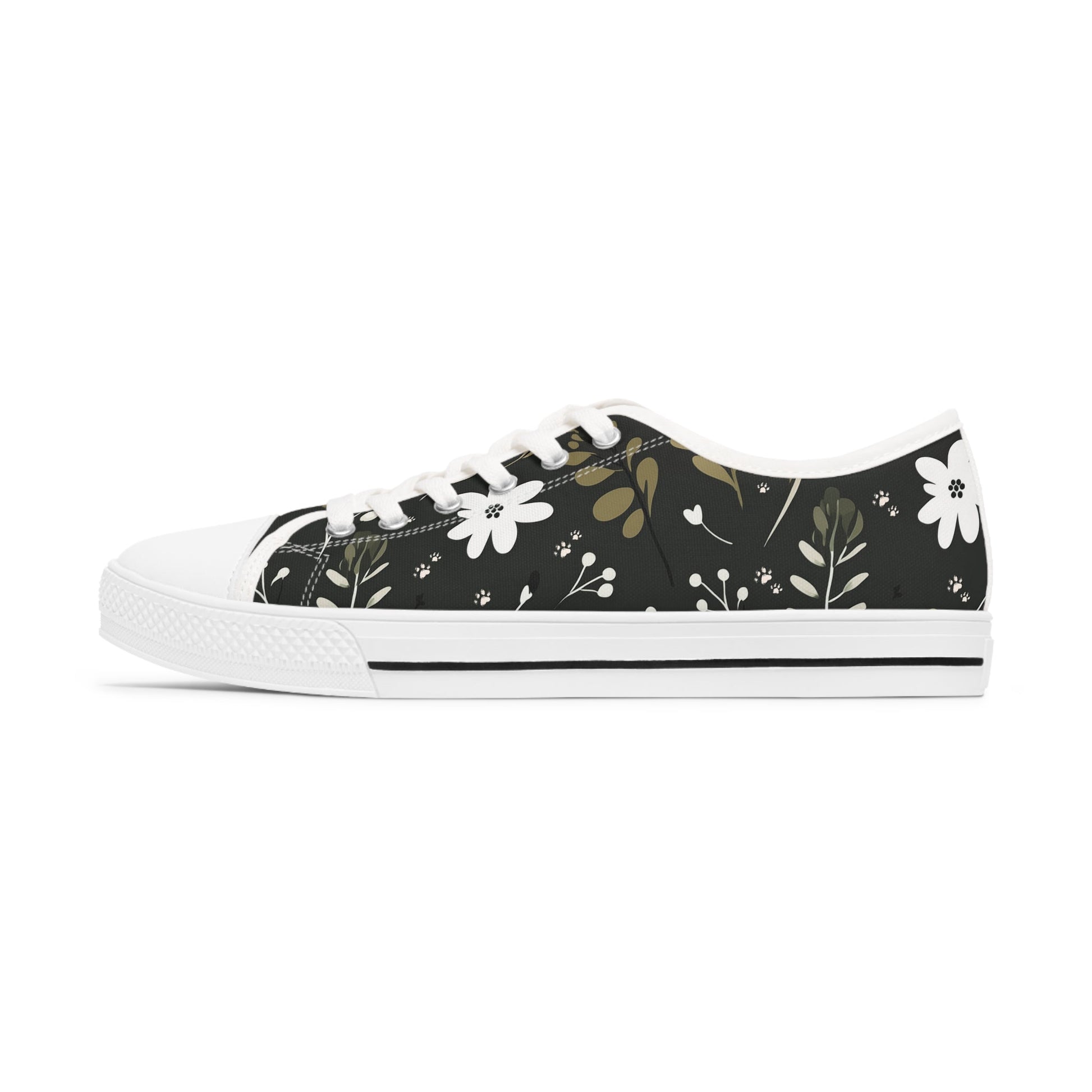 Women's Low-Top Trainers featuring Green Boho Flower & Paw Print Design - Hobbster
