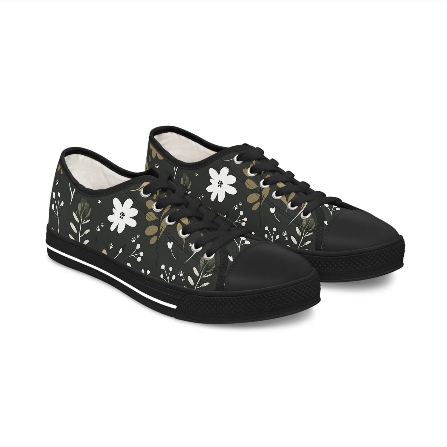 Women's Low-Top Trainers featuring Green Boho Flower & Paw Print Design - Hobbster